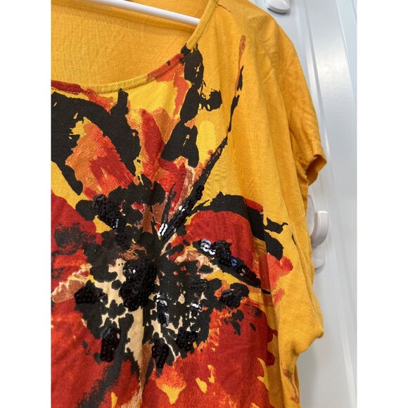 Apt 9 Top Size XL Floral Short Sleeve Scoop Neck Yellow Multi Watercolor Sequin - Picture 3 of 6
